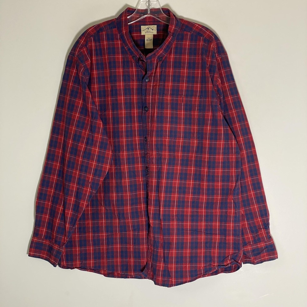 Blue Mountain Shirt Mens XL Red Blue Plaid Button Up Long Sleeve Band Collar